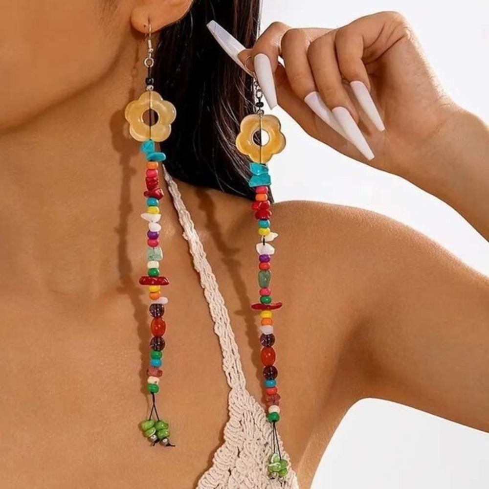 Bohemian Multicolor Beaded‎ Extra Long Flower Dangle Earrings Shoulder Dusters